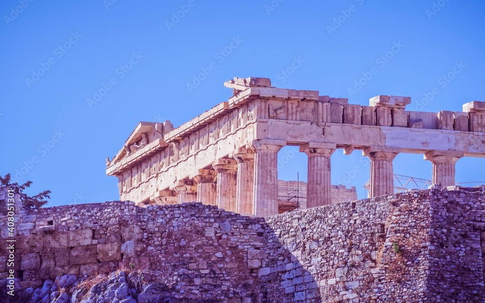 Obraz premium Athens Greece, Parthenon ancient temple on Acropolis hill, view from the north