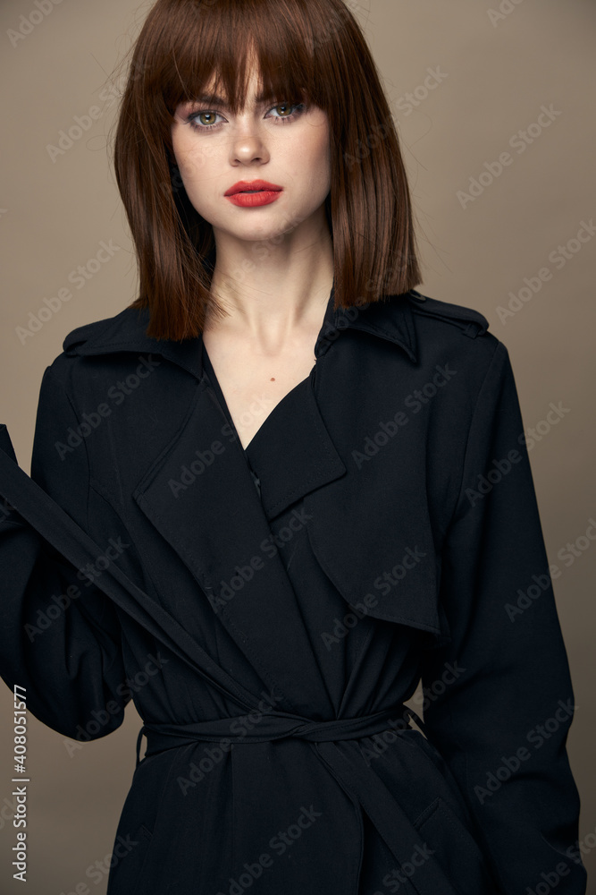 Sexy brunette black coat attractive appearance laughing 