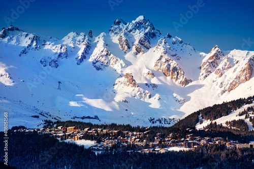 Panorama of Courchevel valley and ski resort with Alps mountain peaks view from Champagny-en-Vanoise © Sergey Novikov