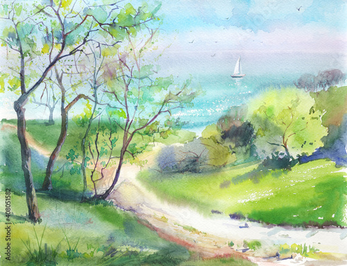 Watercolor  Park view near seaside . Traditional illustration  artwork for posters  post cards  greetings  book illustrations. 