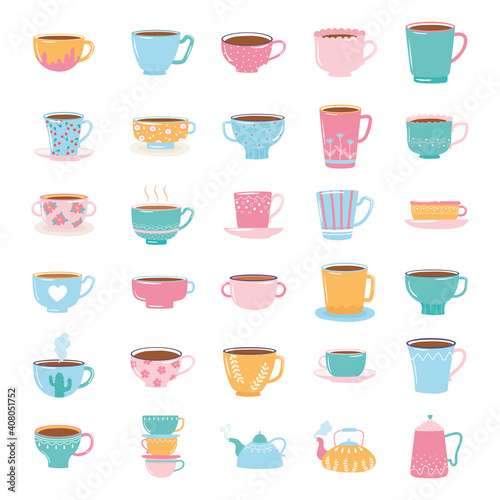 tea and coffee cute trendy crockery with decoration, kettles and cups for beverage
