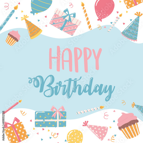 happy birthday hand drawn lettering cake gift hats celebration party cartoon