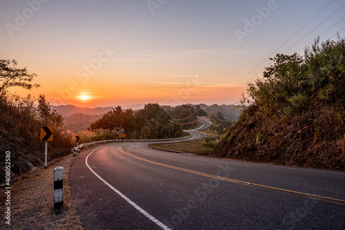 The road on the bend in the mountains in northern Thailand.