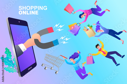 A magnet to attract shoppers. Landing webpage template of Inbound Marketing. Inbound Marketing metaphor. Flat Art Vector illustration.