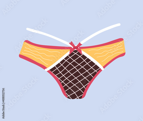 Trendy female panties. Cute colorful panty with bow and lace. Home nightclothes. Modern hand drawn undergarments. Vintage vector illustration in flat cartoon style. Suitable for logo, icon, banner.