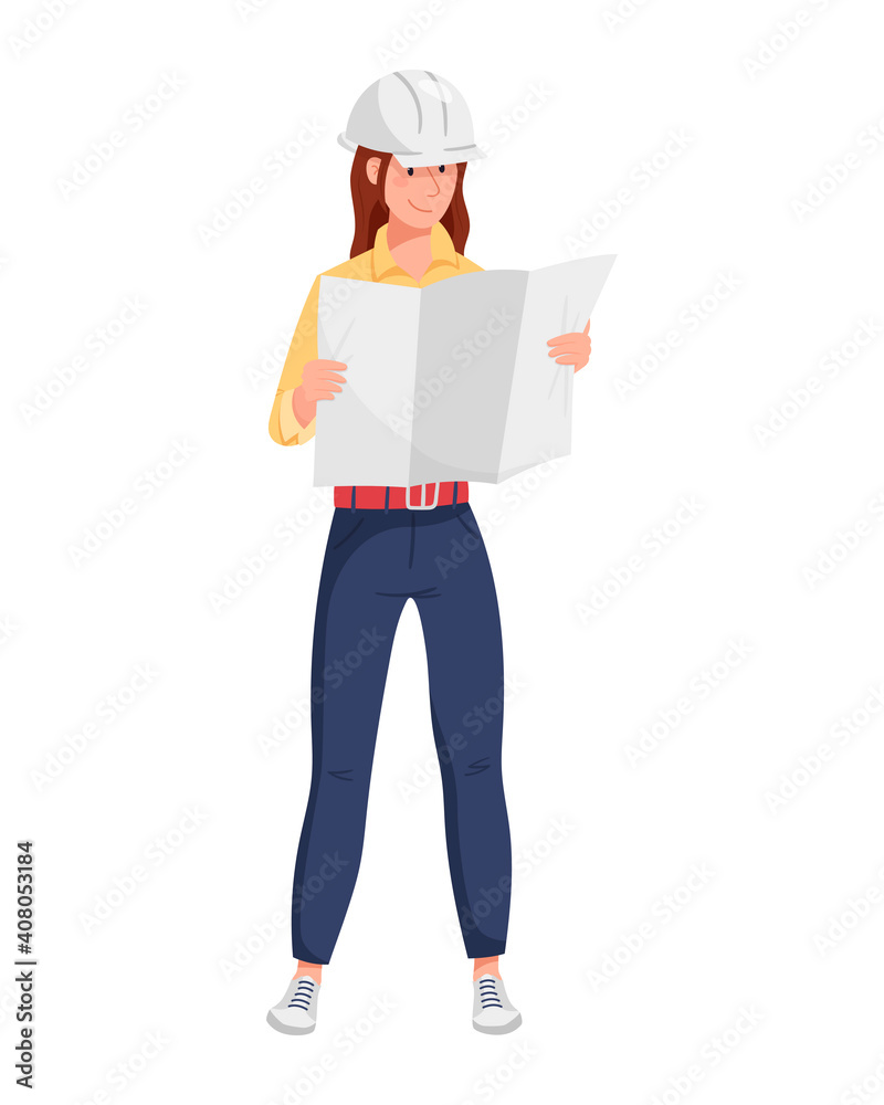 Vector illustration of a woman engineer in a protective helmet stands full-length and holds a map or architectural project of work. A cartoon drawing of a construction expert. Vector illustration of a woman engineer in a protective helmet stands full-length and holds a map or architectural project of work. A cartoon drawing of a construction expert.