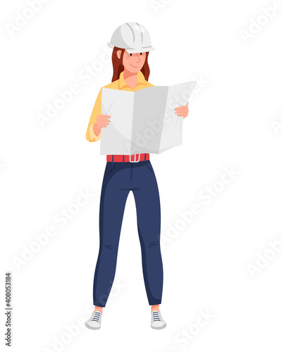 Vector illustration of a woman engineer in a protective helmet stands full-length and holds a map or architectural project of work. A cartoon drawing of a construction expert.