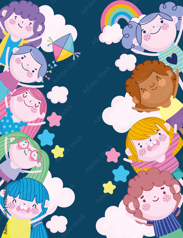 happy girls and boys rainbow kite stars happiness cartoon, Children happy girls and boys rainbow kite stars happiness cartoon, Children