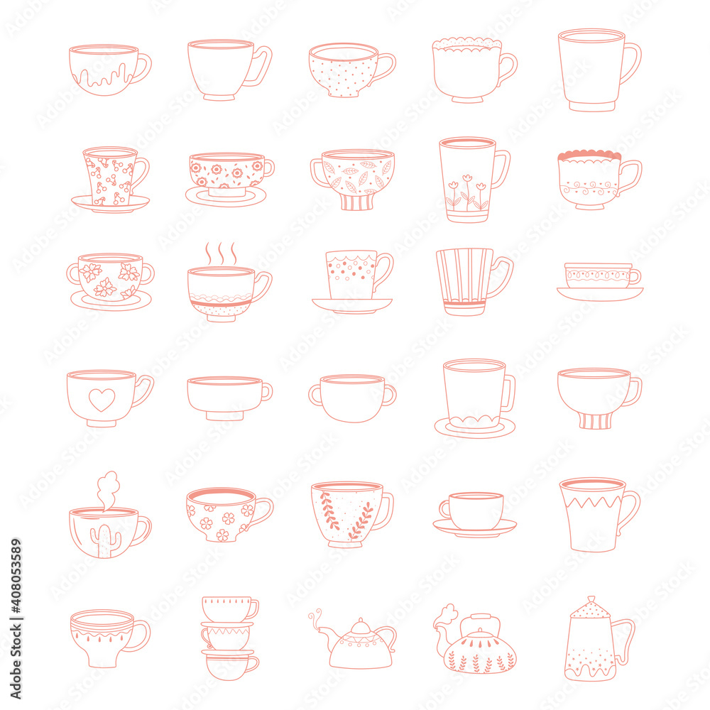 tea and coffee cute trendy crockery with decoration, line style tea and coffee cute trendy crockery with decoration, line style