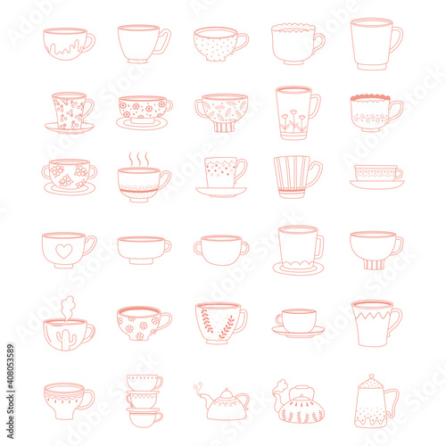 tea and coffee cute trendy crockery with decoration, line style