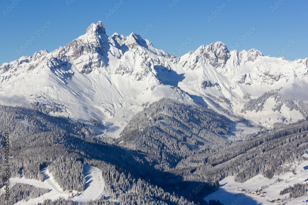 Beautiful winter landscape in the Salzburger Dolomites with view to the 'Bischofsmütze' mountain peak (Filzmoos, Salzburg county, Austria)