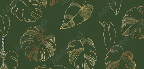 Luxury floral background with golden monstera leaves. Pattern philodendron gold line art, tropical plant decor vector