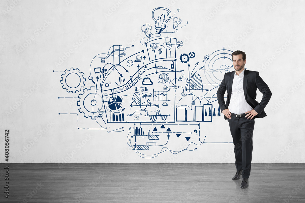 Confident man and his business plan Confident man and his business plan