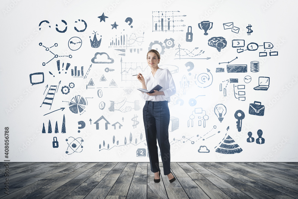 Woman with notebook and business sketch Woman with notebook and business sketch