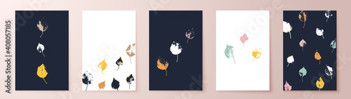 Grunge leaves postcard set. Abstract foliage for cards, covers, wall art or posters. Pastel colors backgrounds. Apricot tree leaf. Apricot foliage.