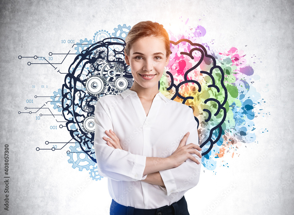 Smiling young woman and colorful brain sketch Smiling young woman and colorful brain sketch