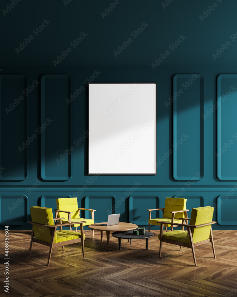 Blue and yellow living room interior with armchairs and poster Blue and yellow living room interior with armchairs and poster