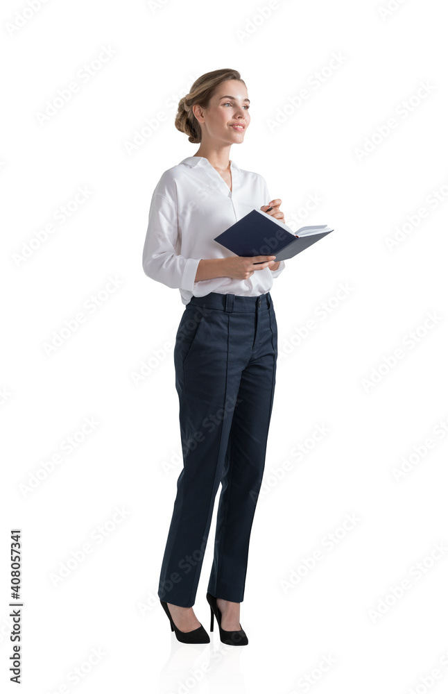Smiling young businesswoman with notebook, isolated Smiling young businesswoman with notebook, isolated