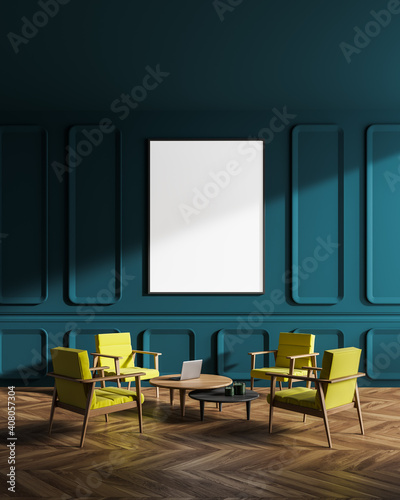 Blue and yellow living room interior with armchairs and poster