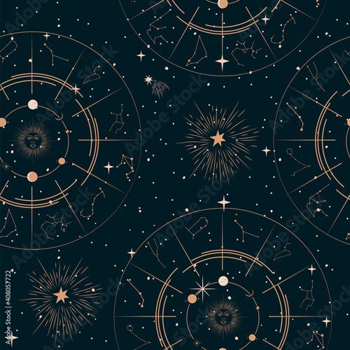 Seamless pattern with Mystical and Astrology elements, Space objects, planet, constellation, zodiac sings. Editable vector illustration. photo