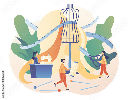 Tiny people tailors create outfit and apparel on mannequin in workshop or atelier use sewing machine, , tools and materials. Sewing studio concept. Modern flat cartoon style. Vector illustration