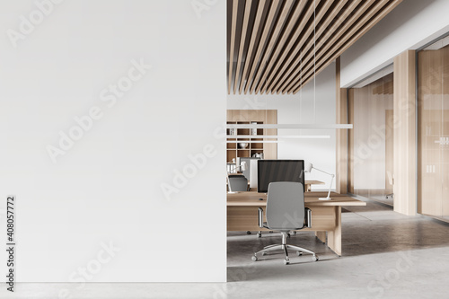 White and wooden open space office interior with mock up wall