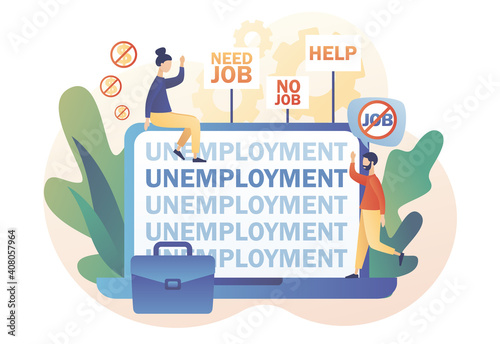 Unemployment - text on laptop screen. Economic crisis, business closed, workplace shortening. Social problem concept. Tiny people unemployed looking for job. Modern flat cartoon style. Vector 