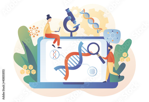 Tiny people study dna use microscope and laptop. Biotechnology. Science, laboratory research,  genetic testing, chemical, GMO, bioengineering and organism. Modern flat cartoon style. Vector 