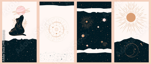 Collection of space and mysterious illustrations for stories templates, Mobile App, Landing page, Web design in hand drawn style. Magic, occultism and astrology concept.  photo