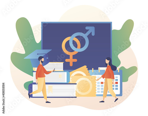 Sexual education concept. Contraception and reproduction system. Sexual health lesson for tiny people. Human sexuality. Modern flat cartoon style. Vector illustration on white background