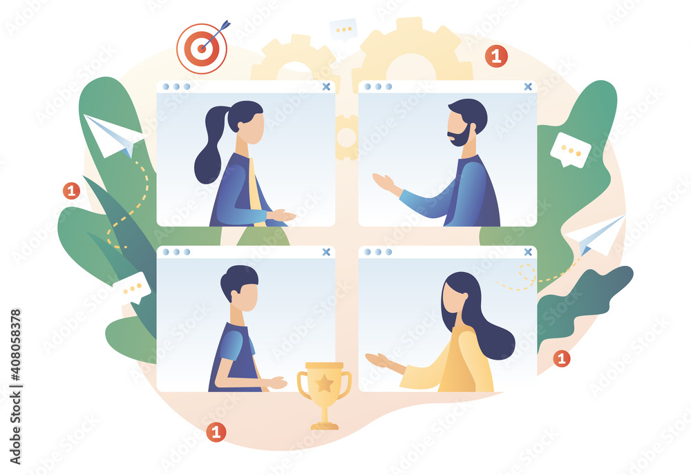 Online conference concept. Online meeting. Tiny people speak in video conference. Social distancing and self-isolation during coronavirus quarantine. Modern flat cartoon style. Vector illustration 