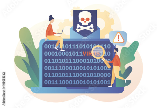 Computer virus concept. Scam alert. Code on laptop screen. Hacker attack and web security. Spam, malicious application. Envelope with skull. Modern flat cartoon style. Vector illustration 