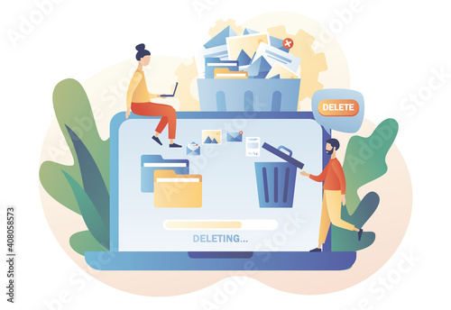 Tiny people deleting data on laptop and move unnecessary files to the trash bin. Delete concept. Cleaning digital memory. Modern flat cartoon style. Vector illustration on white background