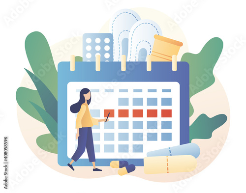 Tiny girl with big monthly calendar, menstrual cup, tampon and tablets. Menstruation period concept. Menstrual protection and feminine hygiene. Modern flat cartoon style. Vector illustration 