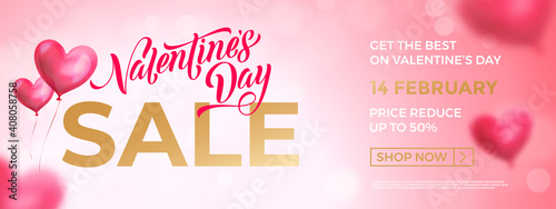 Valentine's day sale banner background. Valentines day lettering promo design with heart balloon background.