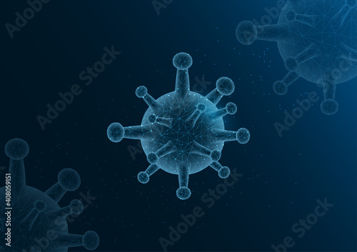 Vector virus causing the plague.Disease becteria 3d light blue background.Computer virus save block.Coronavirus low poly abstract technology concept.