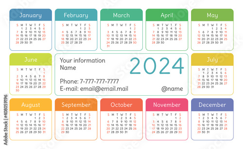 Calendar 2024 year. English colorful vector horizontal wall or pocket calender design template. New year. Week starts on Sunday