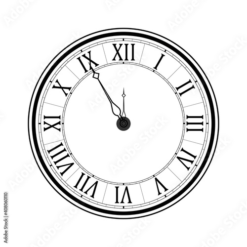 Old black and white clock face with Roman numerals and ornate vintage scrolled hands