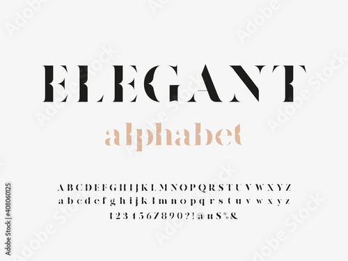 Modern elegant display alphabet design with uppercase, lowercase, numbers and symbol