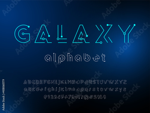 Sci-fi abstract futuristic alphabet design with uppercase, lowercase, numbers and symbols