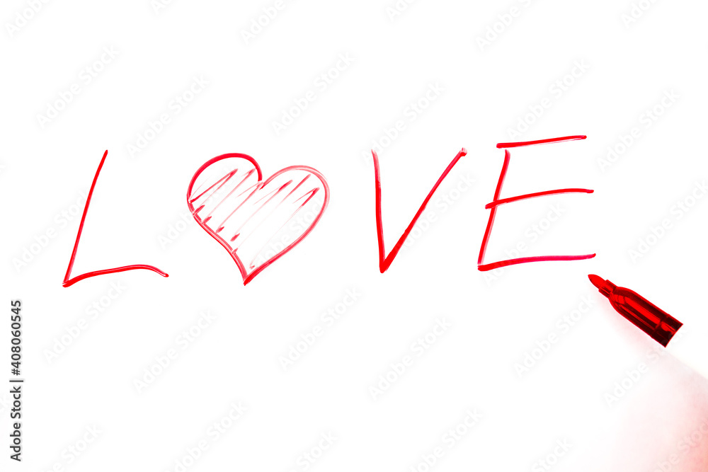Heart logo and love you words written with red marker