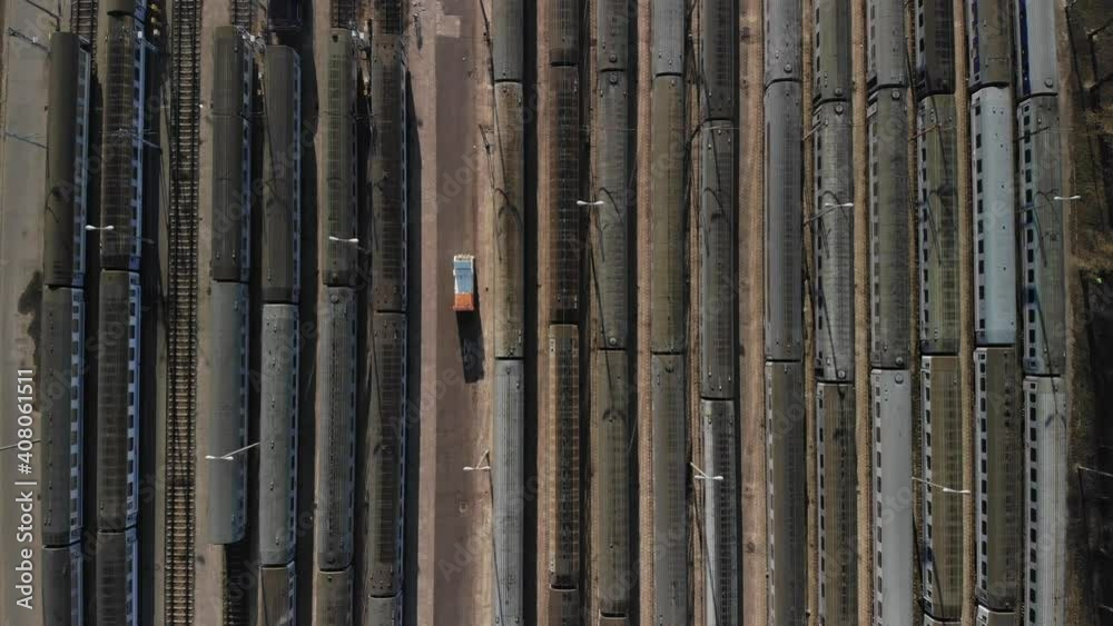 Aerial view of trains on hold on the side rails due to Covid-19 lockdown in Europe