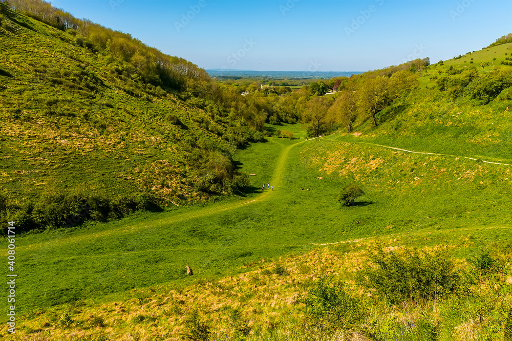 Looking down the longest, widest dry valley in the UK towards the clay Weald on the South Downs near Brighton in springtime