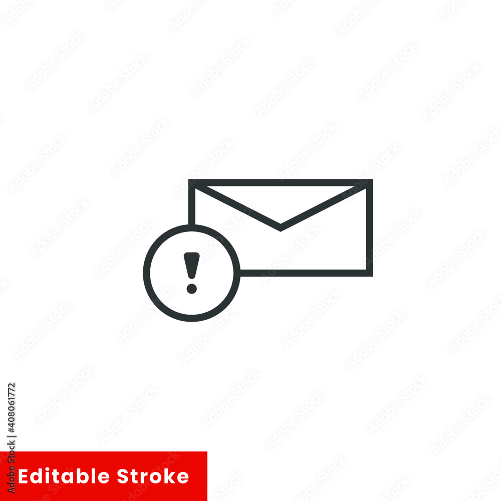 Warning alert message icon. Simple line style for web template and app. Email, suspicious, letter, mail, news, notification, vector illustration design on white background. Editable stroke EPS 10 Warning alert message icon. Simple line style for web template and app. Email, suspicious, letter, mail, news, notification, vector illustration design on white background. Editable stroke EPS 10