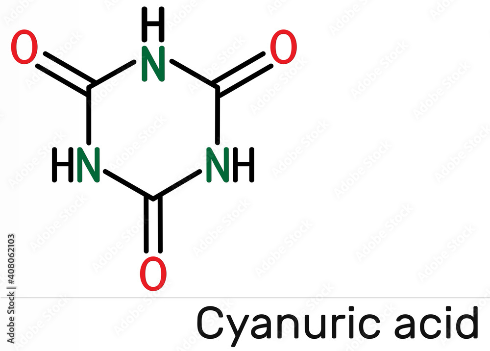 Cyanuric acid molecule. It is triazine, enol tautomer of isocyanuric acid. Skeletal chemical formula. Cyanuric acid molecule. It is triazine, enol tautomer of isocyanuric acid. Skeletal chemical formula.