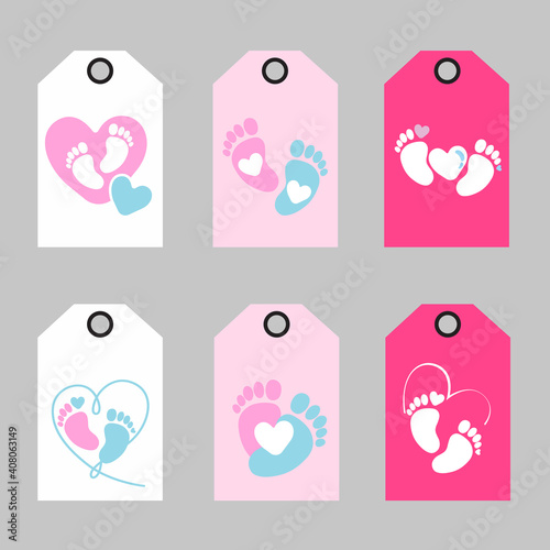Set of baby footprint tag. Vector illustration.