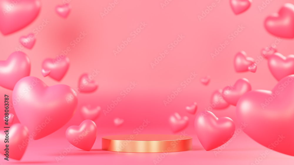 Golden circle podium for product presentation with many hearts 3d objects on pink background.,3d model and illustration.