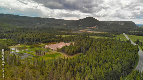 Yellowstone forest panoramic aerial view in summer season, Wyoming, USA