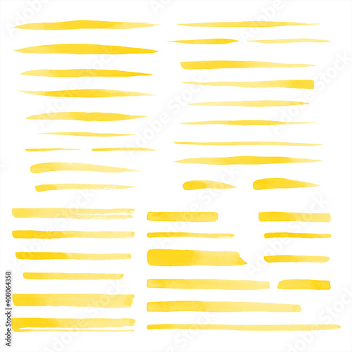 Set, collection of vector yellow watercolor brush strokes, uneven lines, rectangle stripes, underlines, doodle streaks, fusiform smears. Hand drawn design elements, text backgrounds, templates.