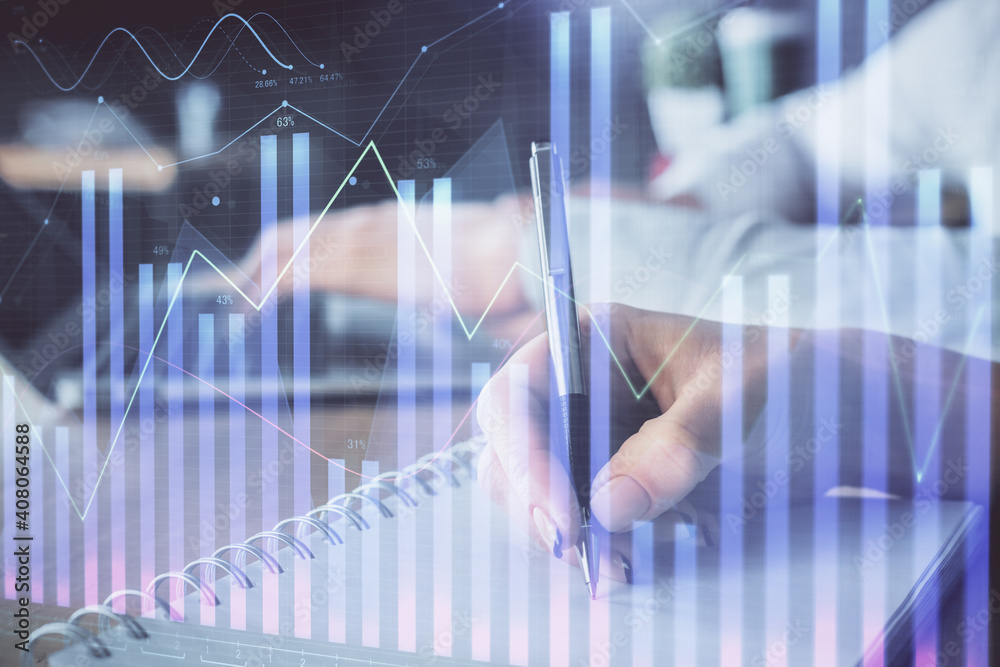 Double exposure of forex chart drawing over people taking notes background. Concept of financial analysis Double exposure of forex chart drawing over people taking notes background. Concept of financial analysis